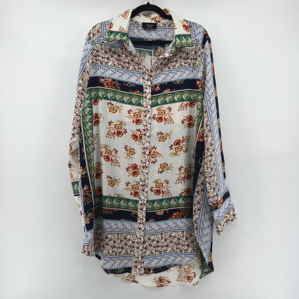 VICI Mixed Floral Patchwork Print High Low Button Down Tunic Shirt Medium